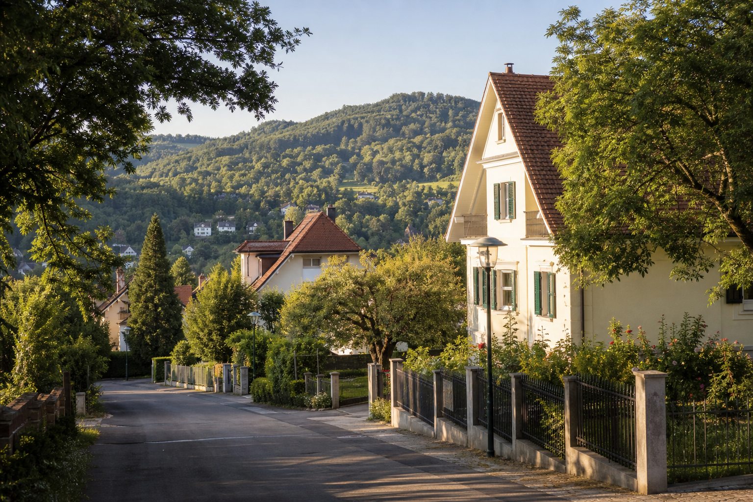 Ruhige Grazer Wohnstraße mit Häusern, Garten und grünen Hügeln