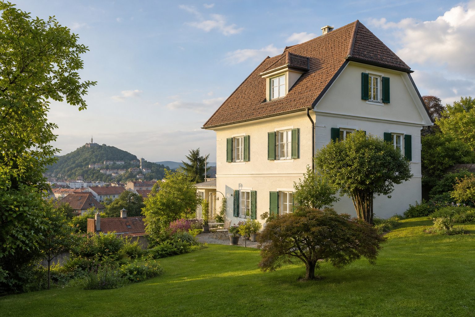 Haus mit Garten in Graz mit Blick Richtung Schlossberg und grüne Hügel